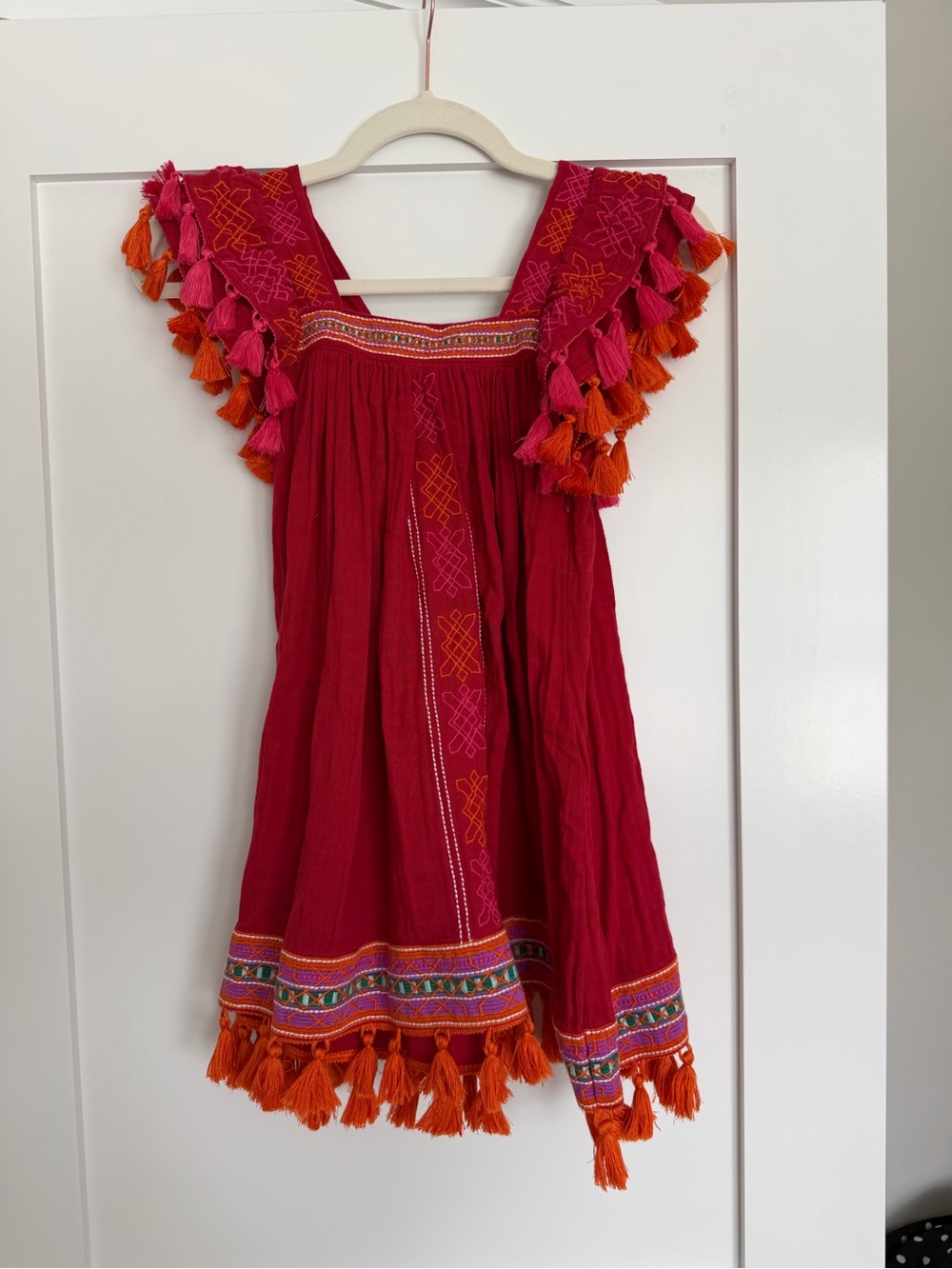 Girls' Pink Tassel-Trim Embroidered Summer Dress